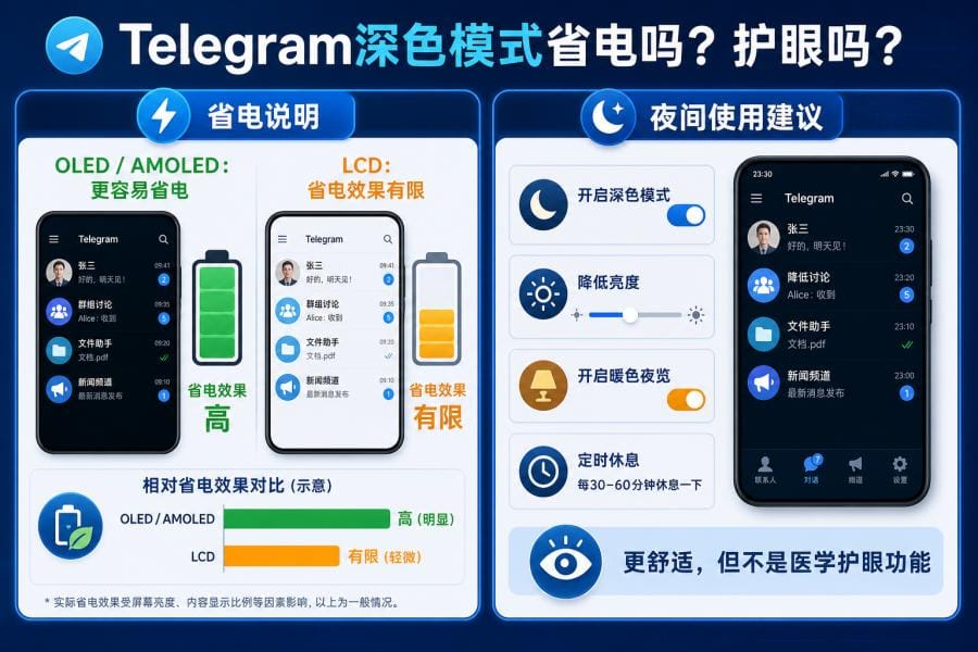 Telegram 深色模式省电和夜间使用建议